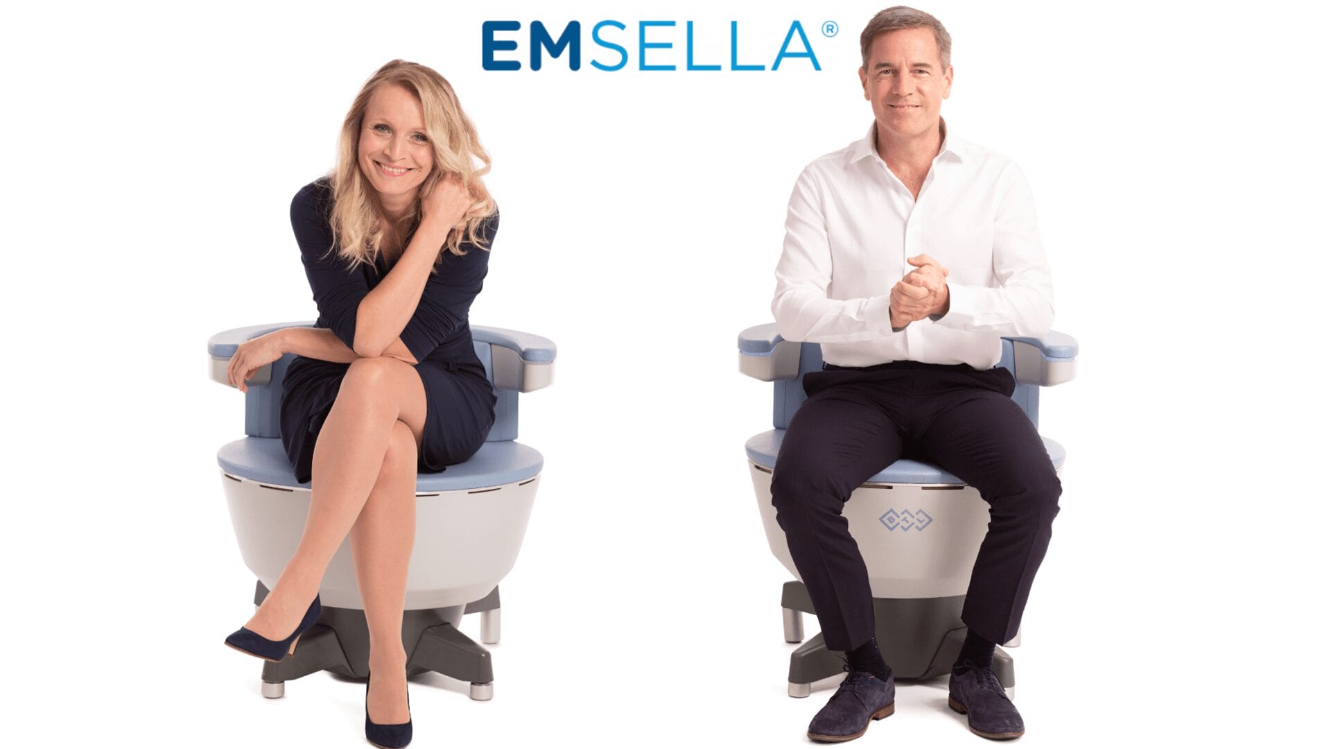 Man and woman sitting on the EMSELLA to show the product. 
